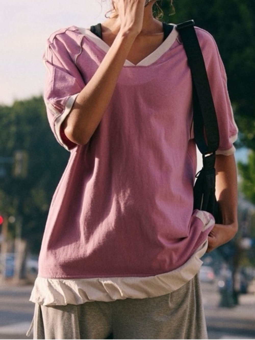 FP Movement by Free People Dusty Rose V-Neck Short Sleeve Tee with Cream Trim
